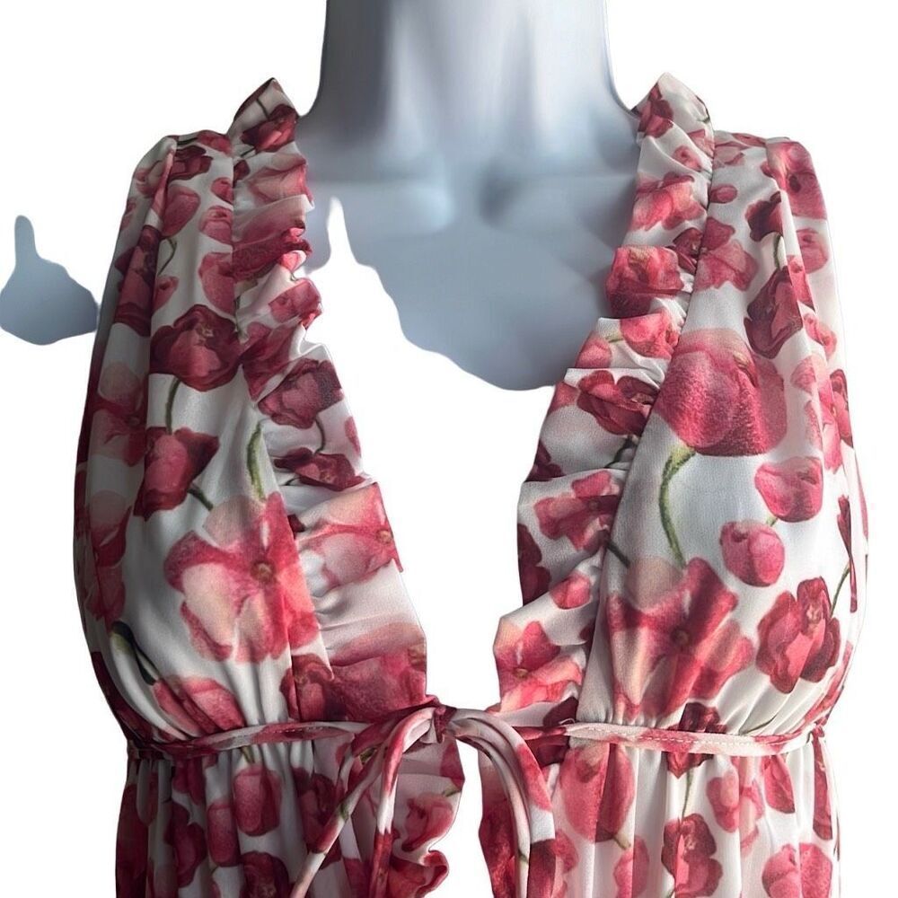 Samantha Sipos Medium Pink Strawberry Floral Front Tie Ruffles Midi Dress Kawaii - Picture 4 of 15